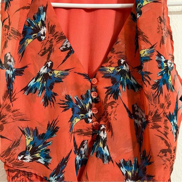 Bar III Coral tropical bird print ruffled sleeveless dress, size XS - Picture 3 of 4